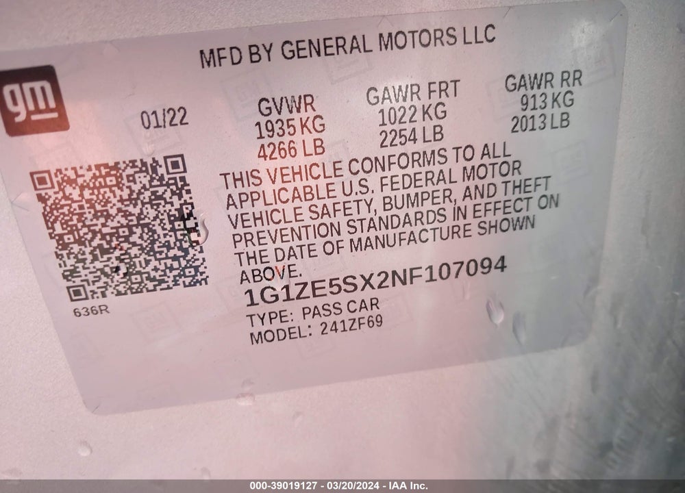 2022 CHEVROLET MALIBU FWD PREMIER VIN: 1G1ZE5SX2NF107094