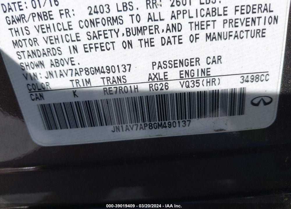 2016 INFINITI Q50 HYBRID VIN: JN1AV7AP8GM490137