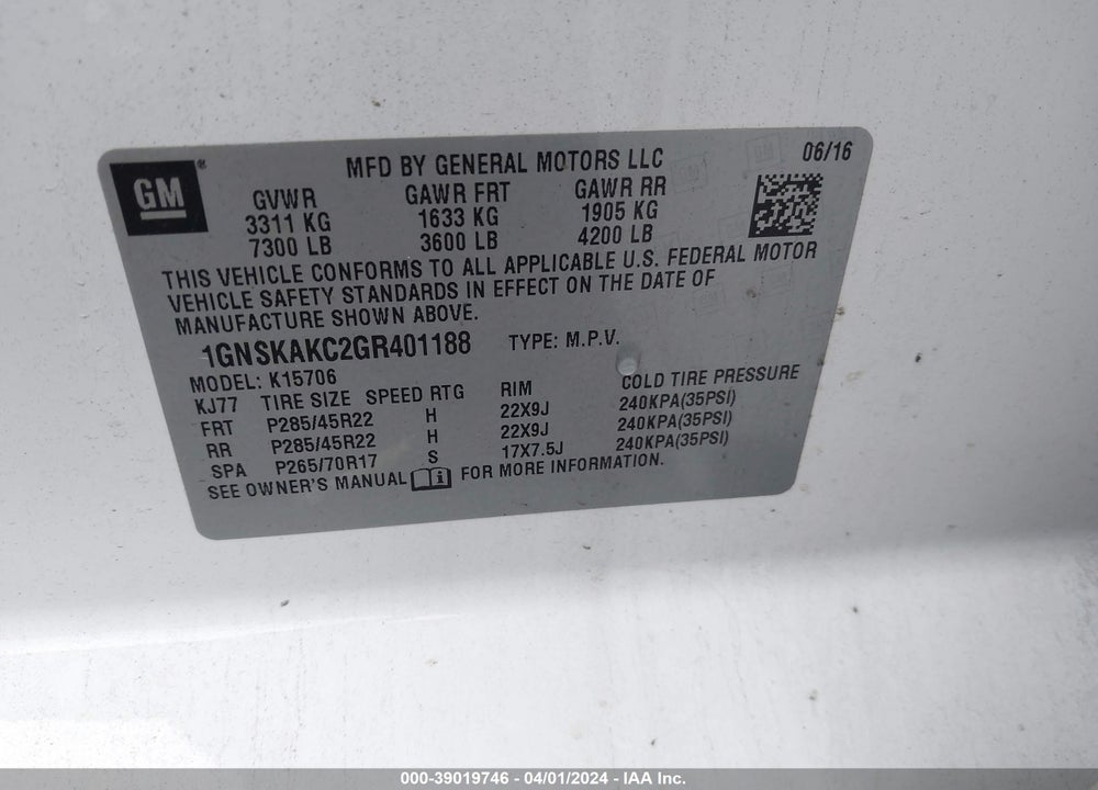 2016 CHEVROLET TAHOE LS VIN: 1GNSKAKC2GR401188