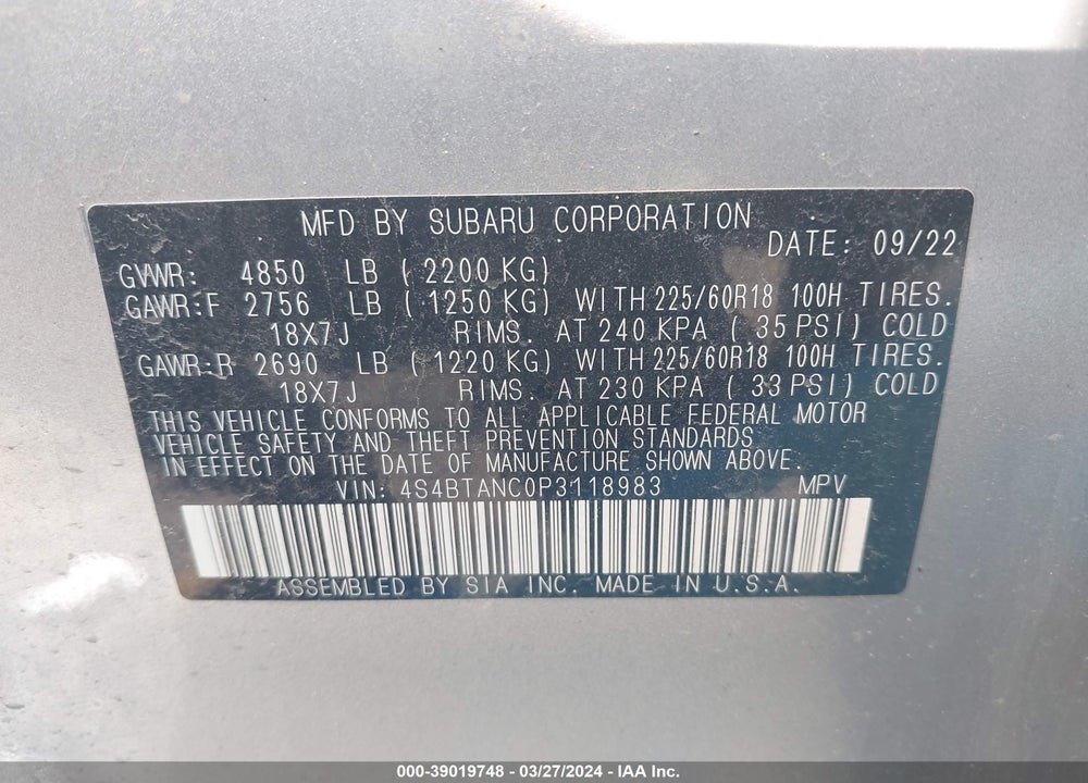 2023 SUBARU OUTBACK LIMITED VIN: 4S4BTANC0P3118983