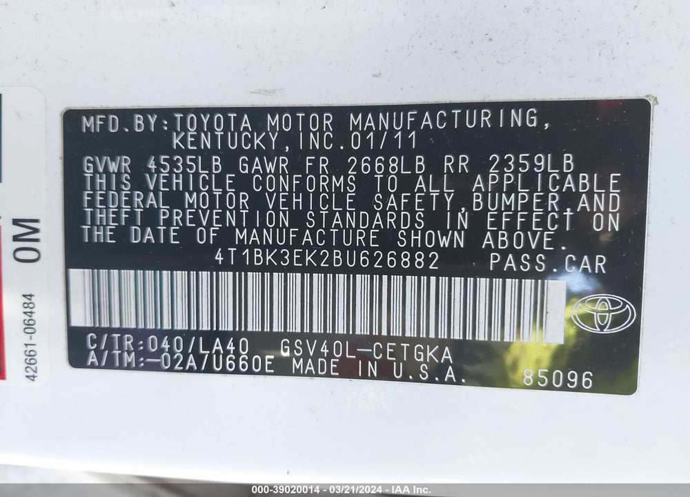 2011 TOYOTA CAMRY XLE V6 VIN: 4T1BK3EK2BU626882