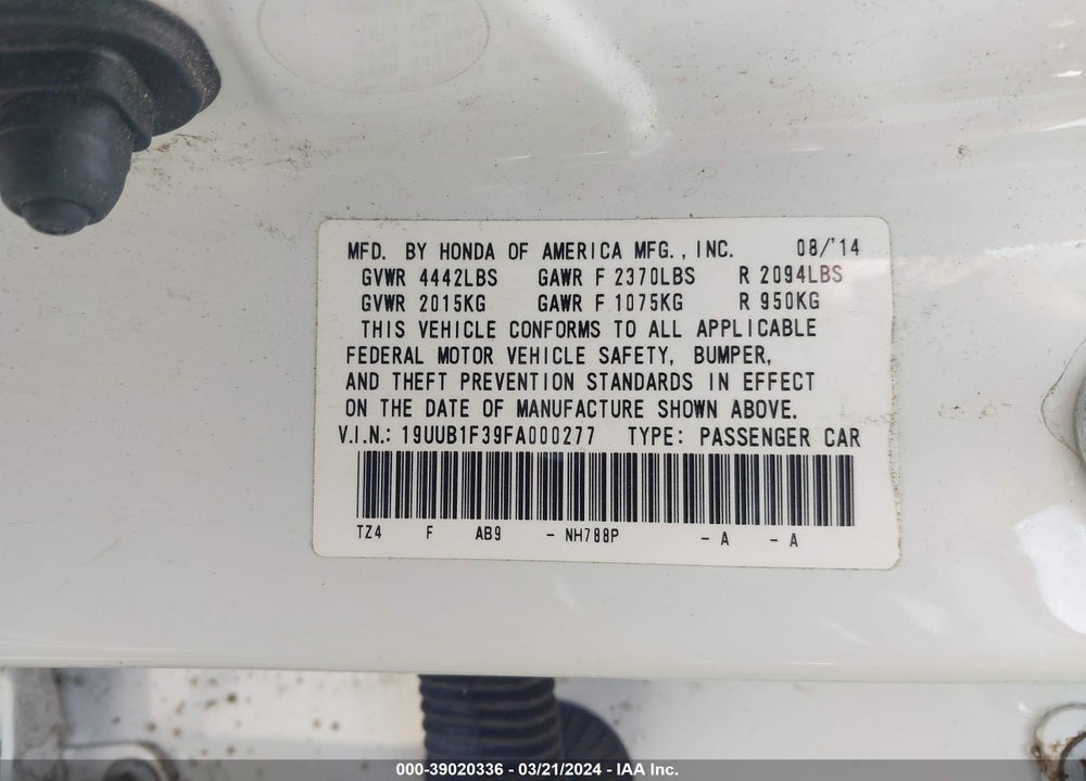 2015 ACURA TLX VIN: 19UUB1F39FA000277