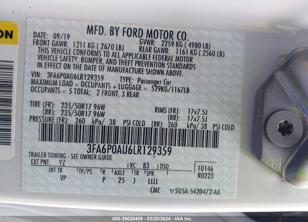 2020 FORD POLICE RESPONDER HYBRID VIN: 3FA6P0AU6LR129359