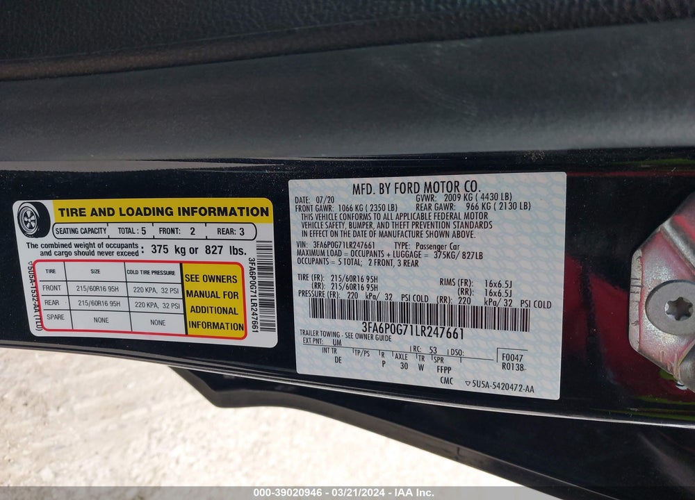 2020 FORD FUSION S VIN: 3FA6P0G71LR247661