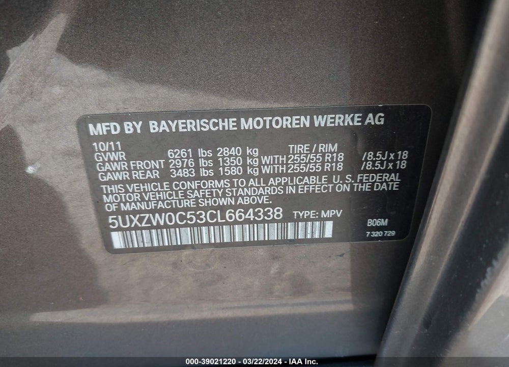 2012 BMW X5 XDRIVE35D VIN: 5UXZW0C53CL664338