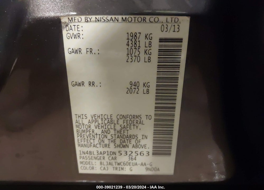 2013 NISSAN ALTIMA VIN: 1N4BL3AP1DN532563