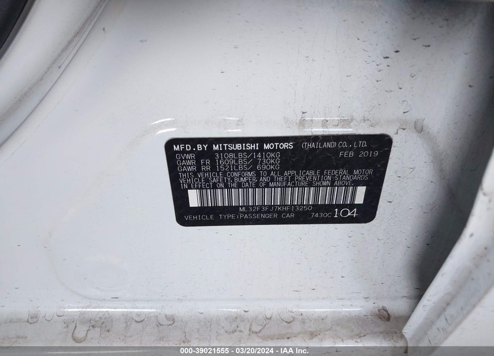 2019 MITSUBISHI MIRAGE G4 ES VIN: ML32F3FJ7KHF13250