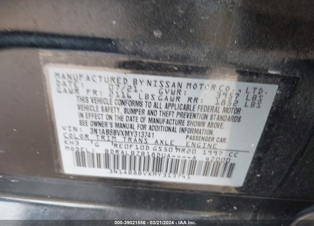 2021 NISSAN SENTRA S XTRONIC CVT VIN: 3N1AB8BVXMY313741