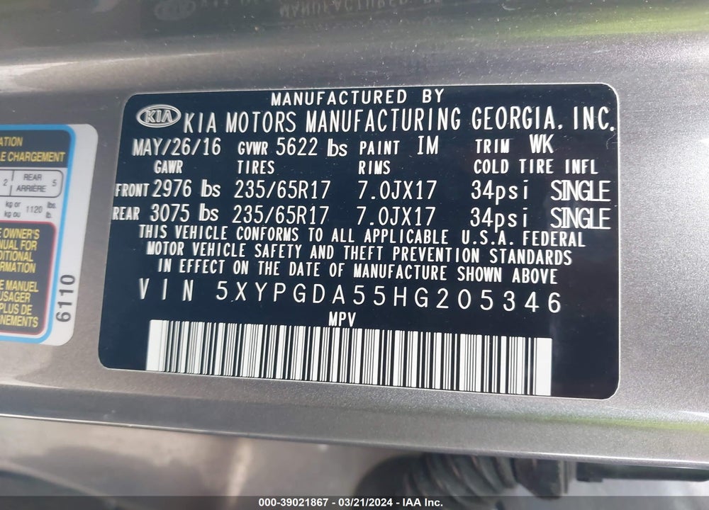 2017 KIA SORENTO 3.3L LX VIN: 5XYPGDA55HG205346