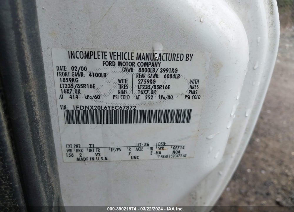 2000 FORD F-250 LARIAT/XL/XLT VIN: 1FDNX20L6YEC67872