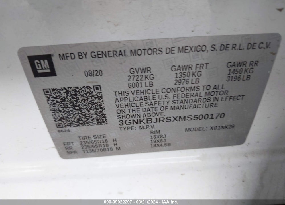 2021 CHEVROLET BLAZER AWD 3LT VIN: 3GNKBJRSXMS500170