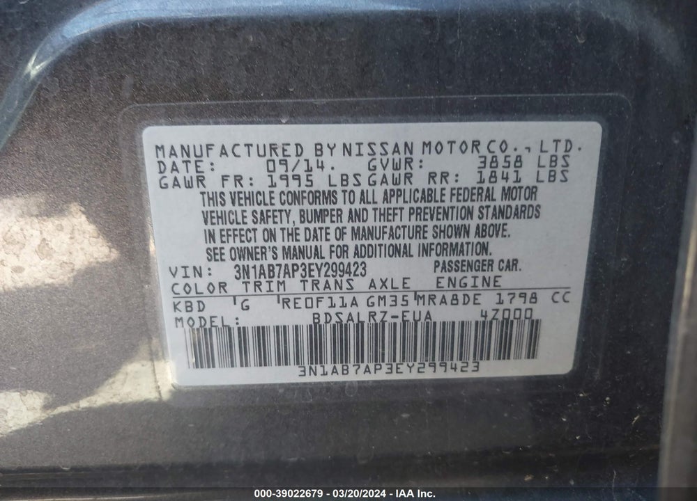 2014 NISSAN SENTRA SR VIN: 3N1AB7AP3EY299423