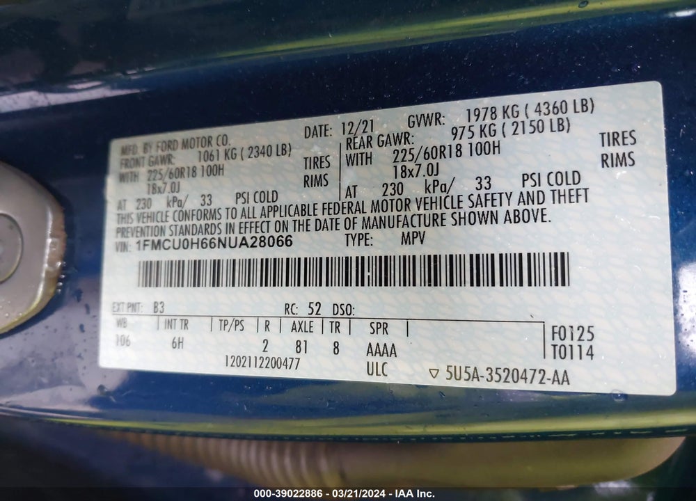 2022 FORD ESCAPE SEL VIN: 1FMCU0H66NUA28066