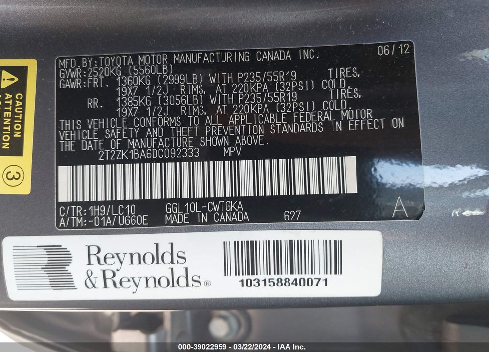 2013 LEXUS RX 350 VIN: 2T2ZK1BA6DC092333