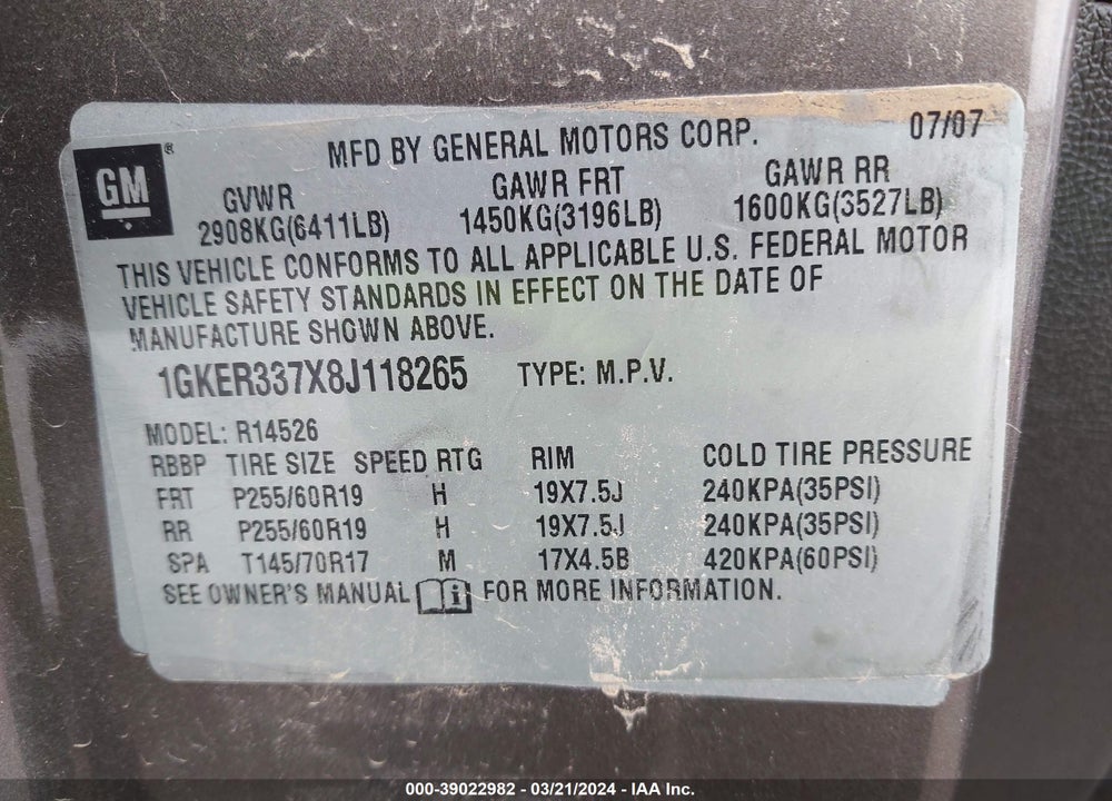 2008 GMC ACADIA SLT-2 VIN: 1GKER337X8J118265