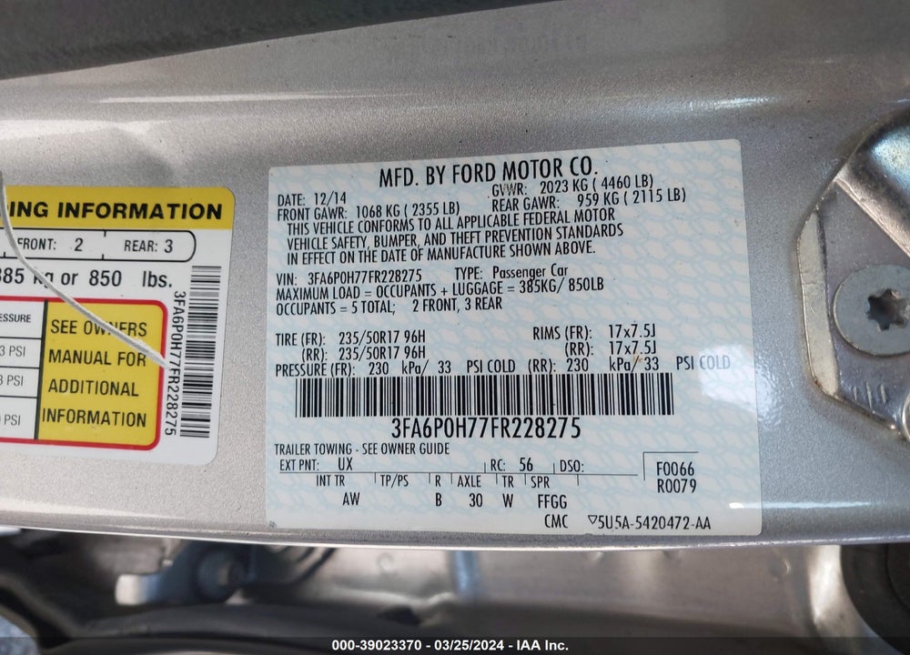 2015 FORD FUSION SE VIN: 3FA6P0H77FR228275
