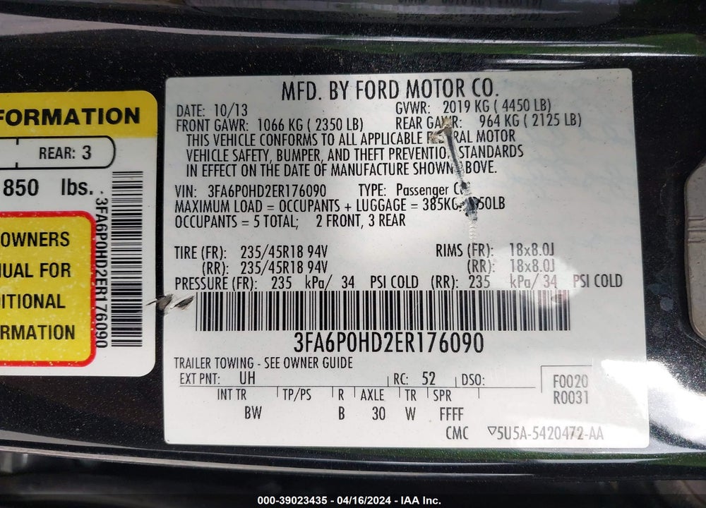 2014 FORD FUSION SE VIN: 3FA6P0HD2ER176090