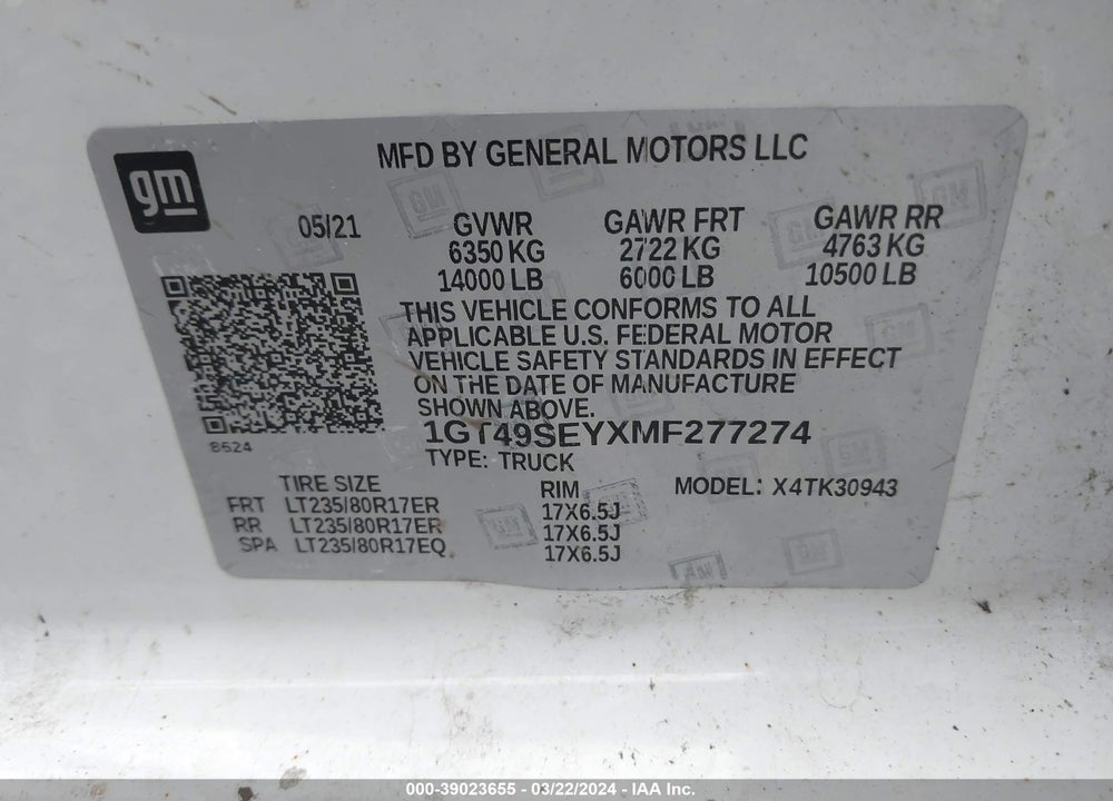 2021 GMC SIERRA 3500HD 4WD  LONG BED VIN: 1GT49SEYXMF277274