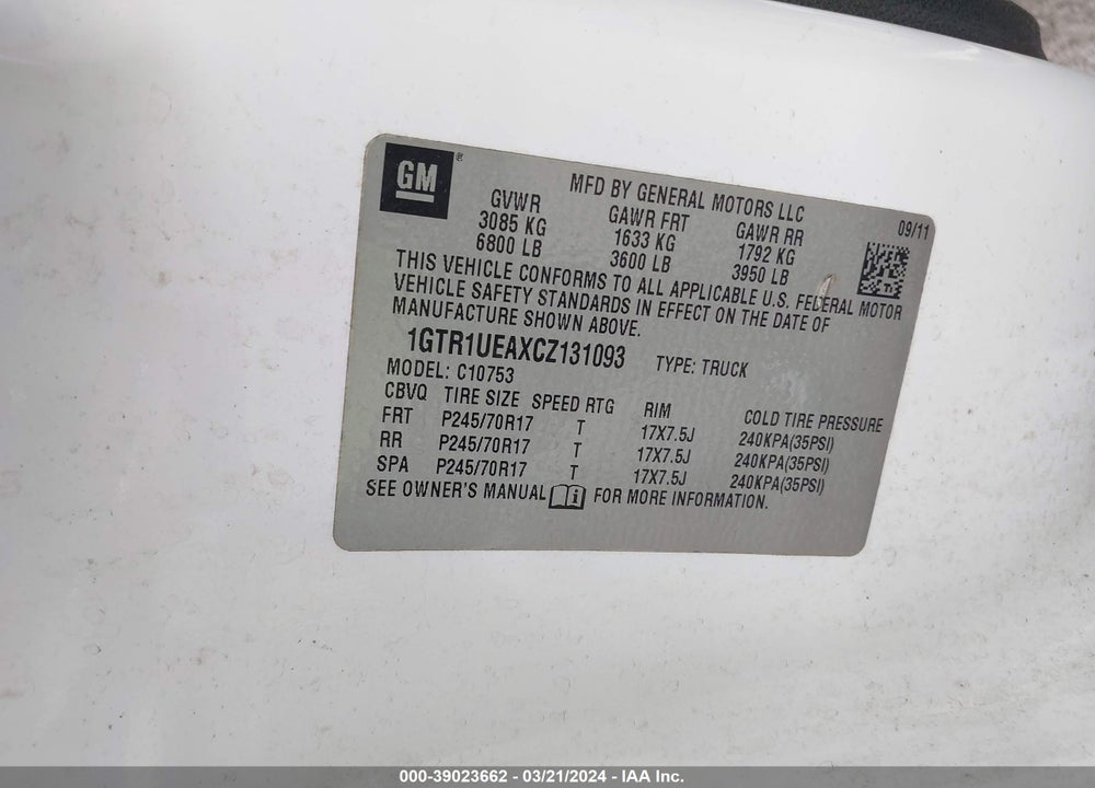 2012 GMC SIERRA 1500 SL VIN: 1GTR1UEAXCZ131093