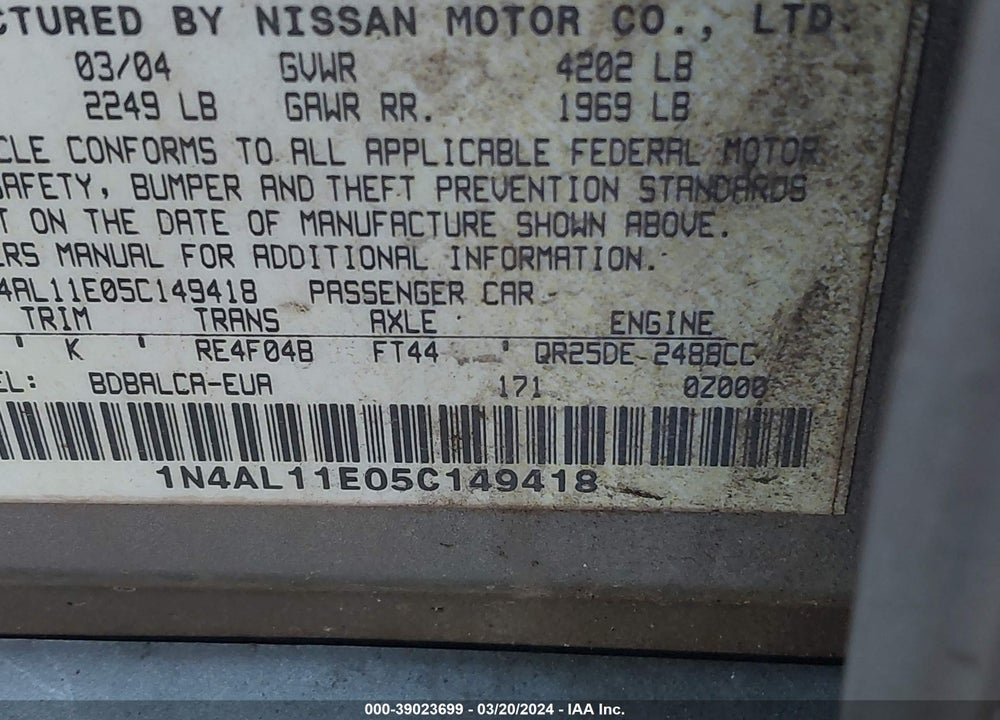 2005 NISSAN ALTIMA 2.5 S VIN: 1N4AL11E05C149418