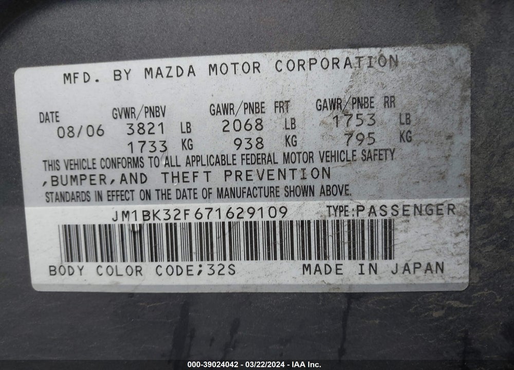 2007 MAZDA 3 I VIN: JM1BK32F671629109