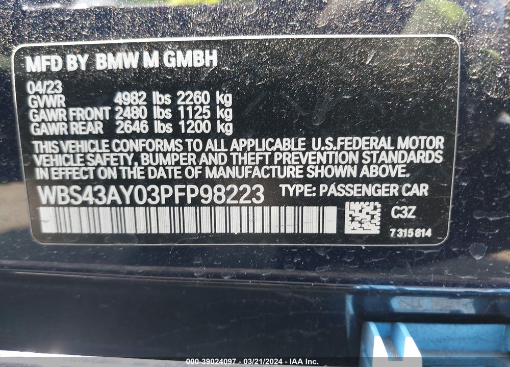 2023 BMW M3 COMPETITION XDRIVE VIN: WBS43AY03PFP98223