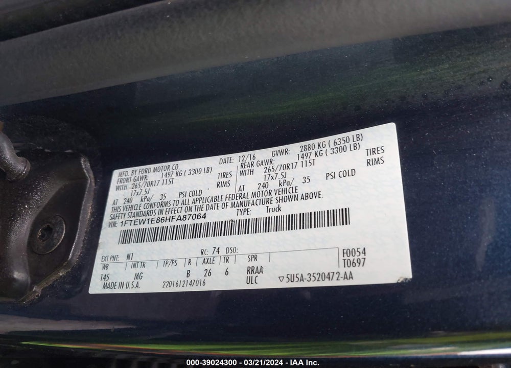 2017 FORD F-150 XLT VIN: 1FTEW1E86HFA87064