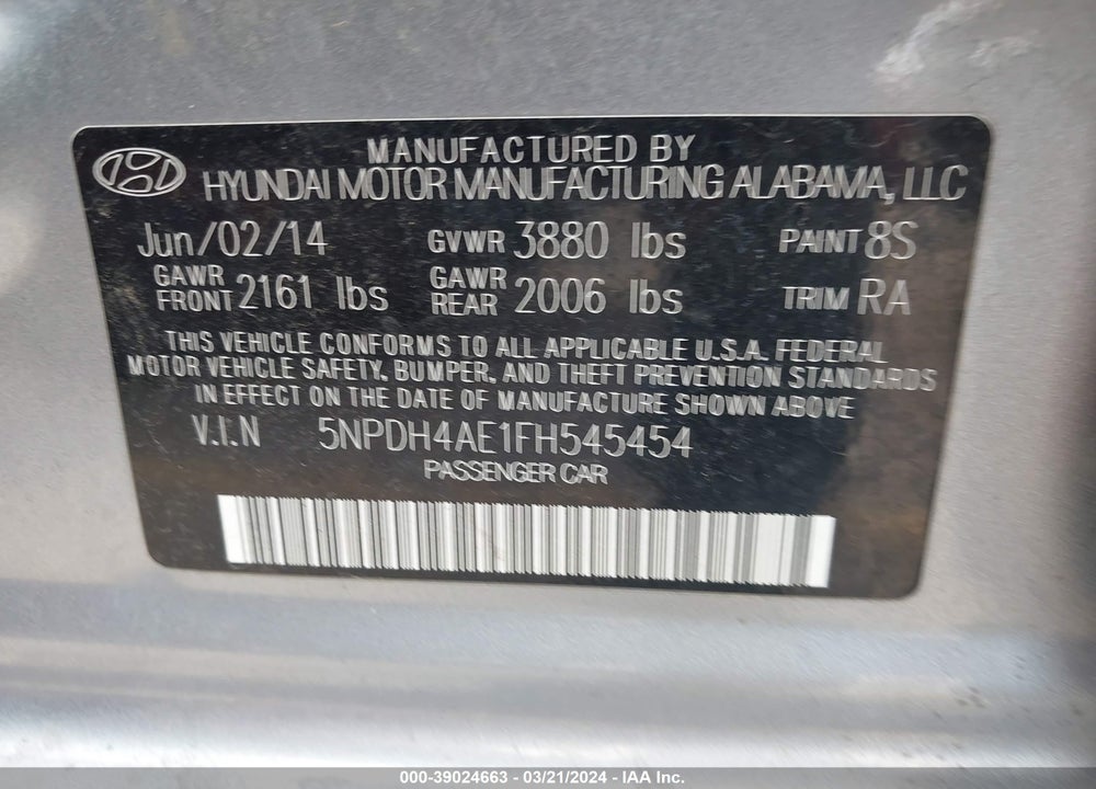 2015 HYUNDAI ELANTRA SE VIN: 5NPDH4AE1FH545454