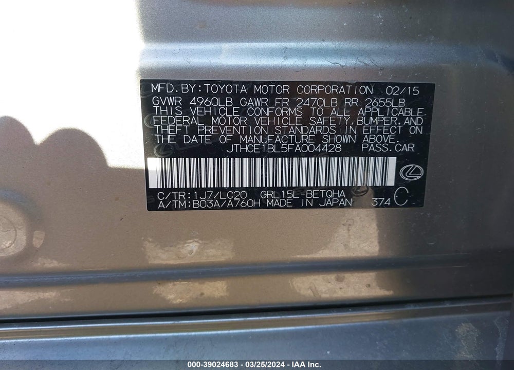 2015 LEXUS GS 350 VIN: JTHCE1BL5FA004428