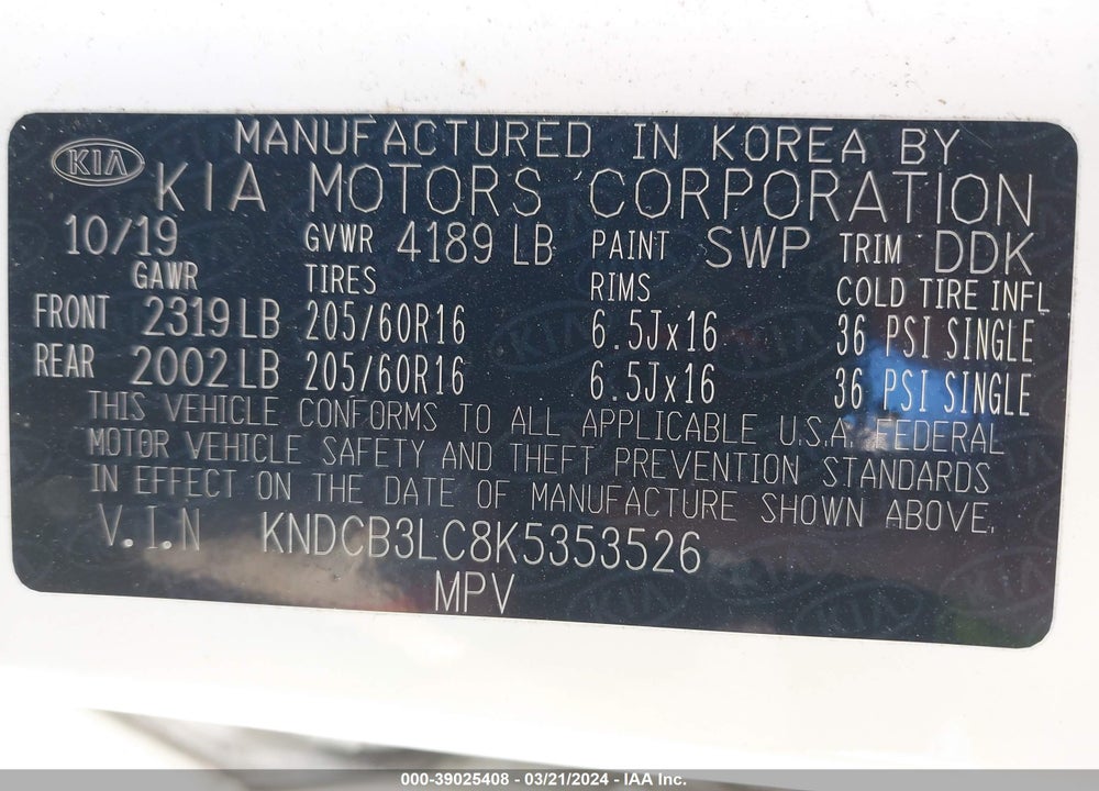 2019 KIA NIRO LX VIN: KNDCB3LC8K5353526