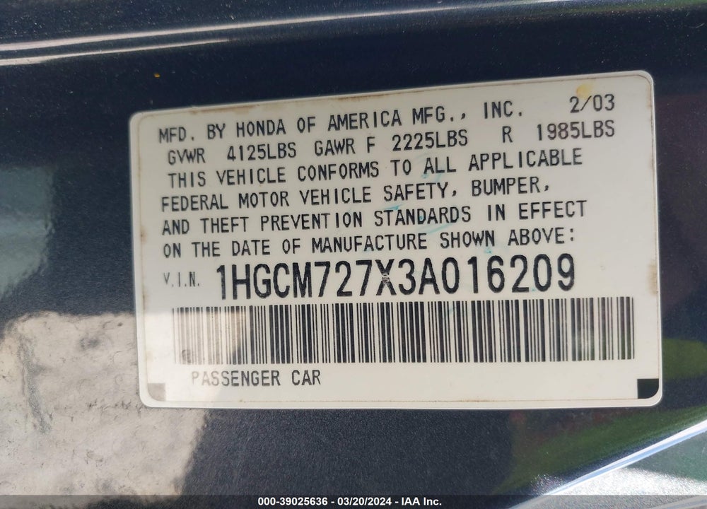 2003 HONDA ACCORD 2.4 EX VIN: 1HGCM727X3A016209