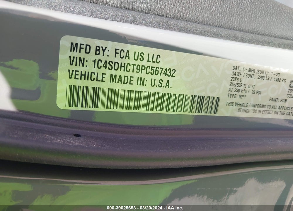 2023 DODGE DURANGO R/T PLUS RWD VIN: 1C4SDHCT9PC567432