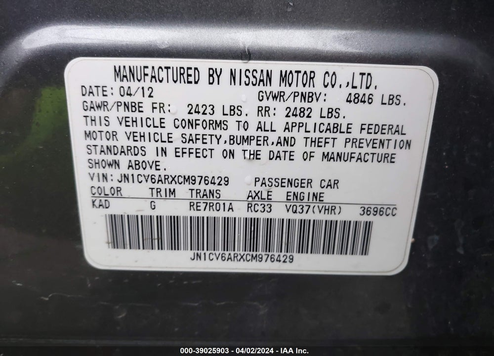 2012 INFINITI G37X VIN: JN1CV6ARXCM976429