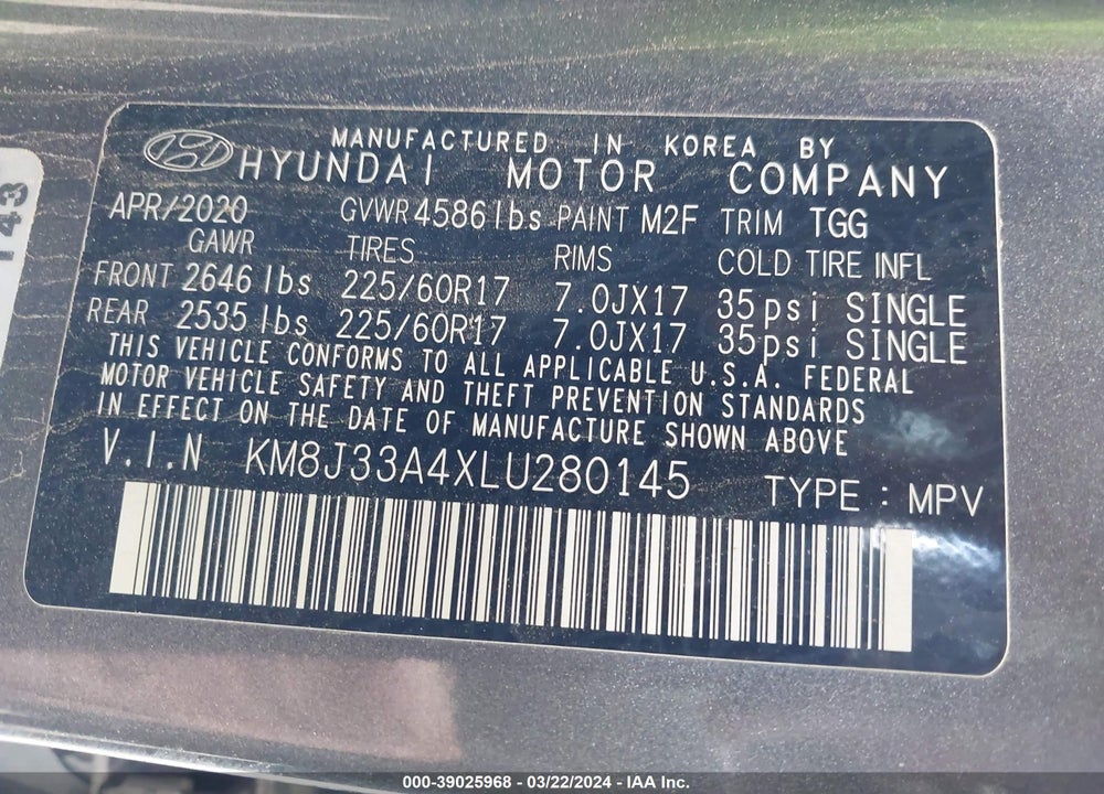 2020 HYUNDAI TUCSON VALUE VIN: KM8J33A4XLU280145