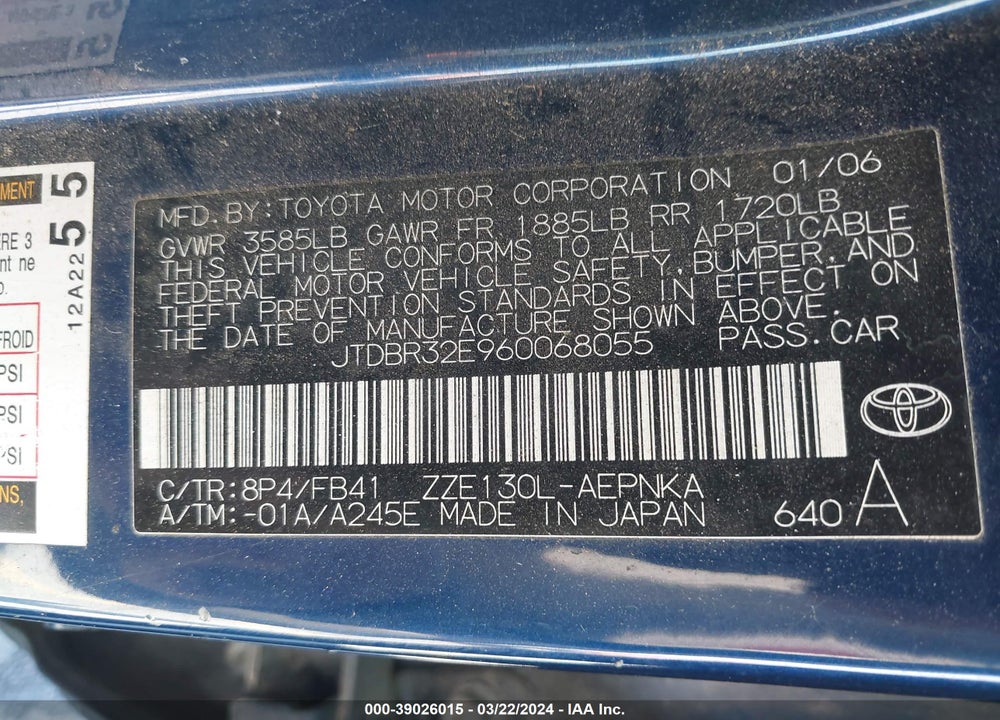 2006 TOYOTA COROLLA LE VIN: JTDBR32E960068055