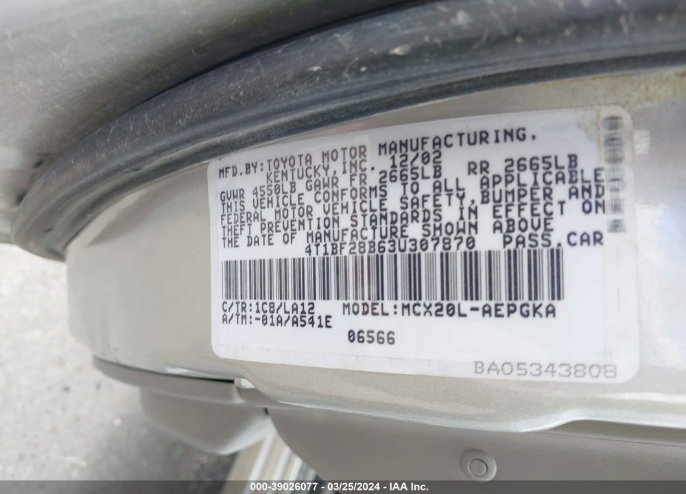 2003 TOYOTA AVALON XLS VIN: 4T1BF28B63U307870