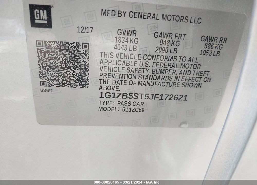 2018 CHEVROLET MALIBU 1LS VIN: 1G1ZB5ST5JF172621