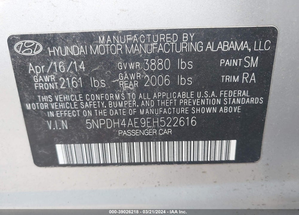 2014 HYUNDAI ELANTRA SE VIN: 5NPDH4AE9EH522616