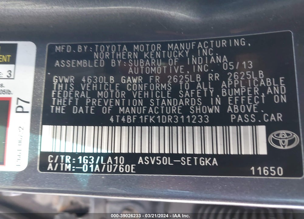 2013 TOYOTA CAMRY XLE VIN: 4T4BF1FK1DR311233