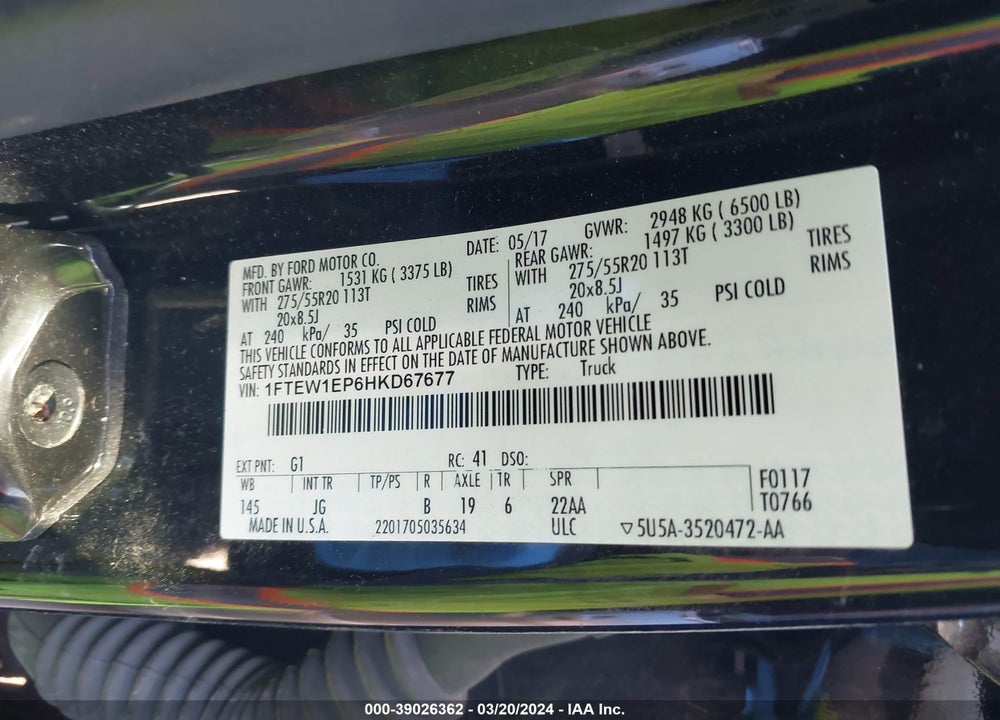 2017 FORD F-150 XL VIN: 1FTEW1EP6HKD67677