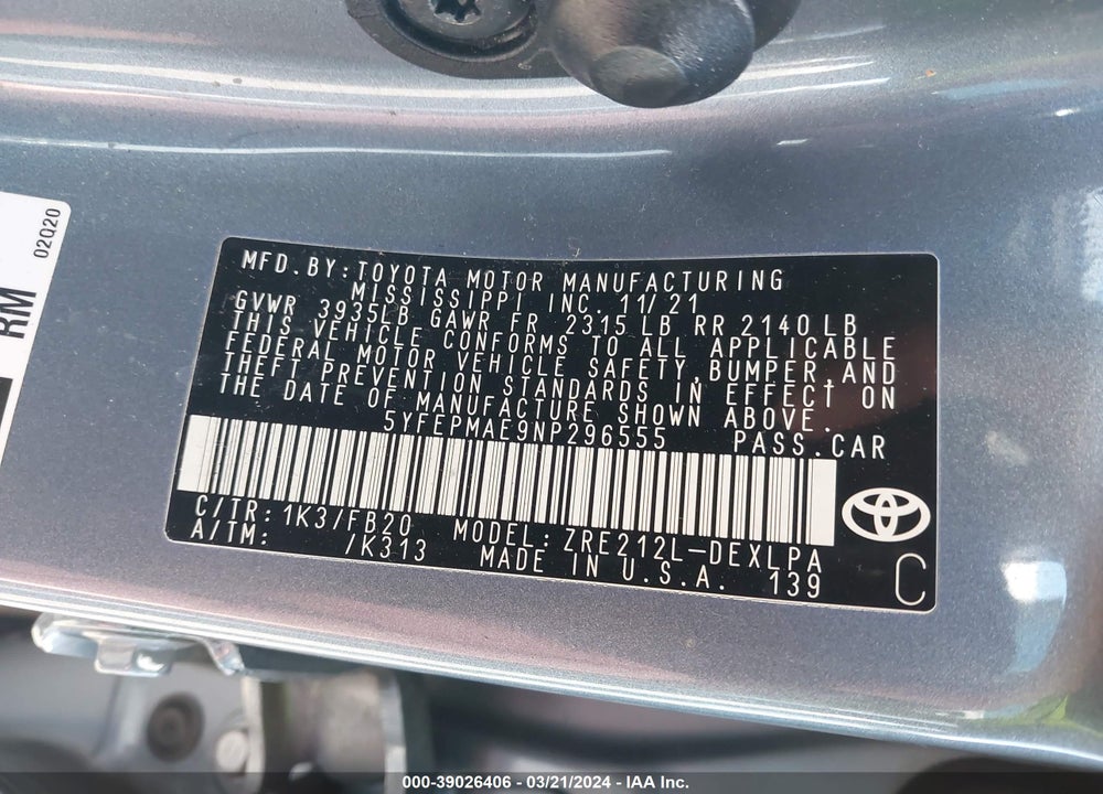 2022 TOYOTA COROLLA LE VIN: 5YFEPMAE9NP296555