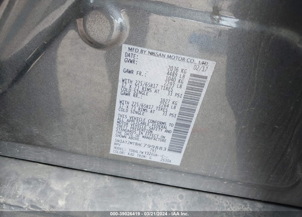 2017 NISSAN ROGUE SV VIN: 5N1AT2MT8HC799883