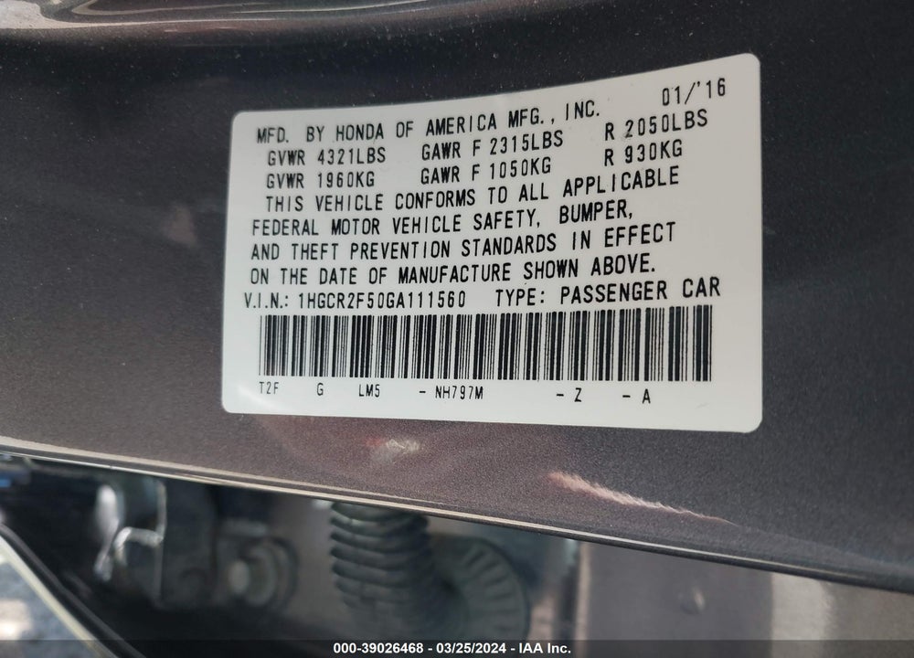 2016 HONDA ACCORD SPORT VIN: 1HGCR2F50GA111560