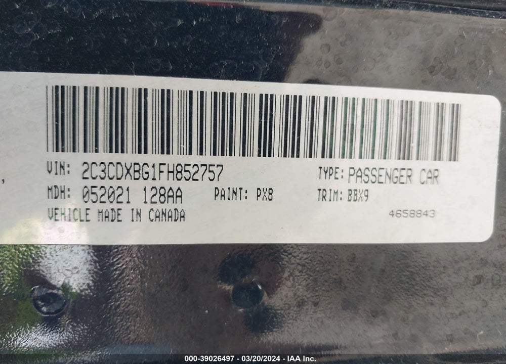 2015 DODGE CHARGER SE VIN: 2C3CDXBG1FH852757