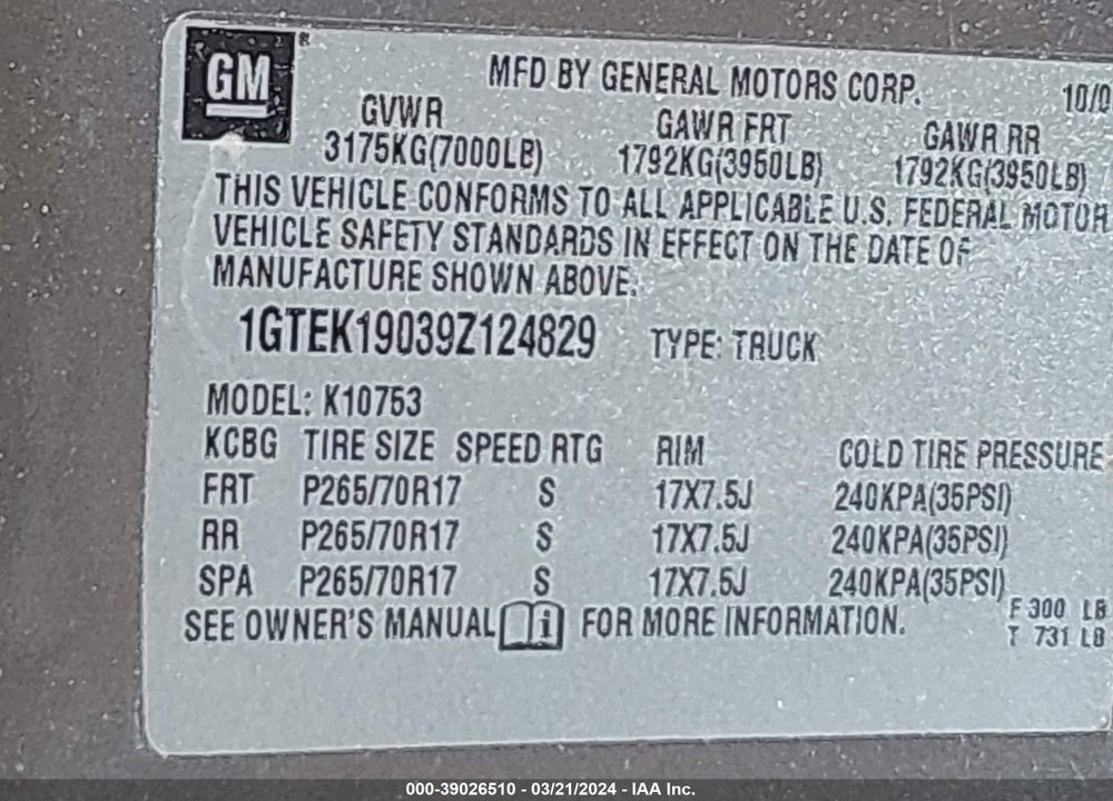 2009 GMC SIERRA 1500 WORK TRUCK VIN: 1GTEK19039Z124829