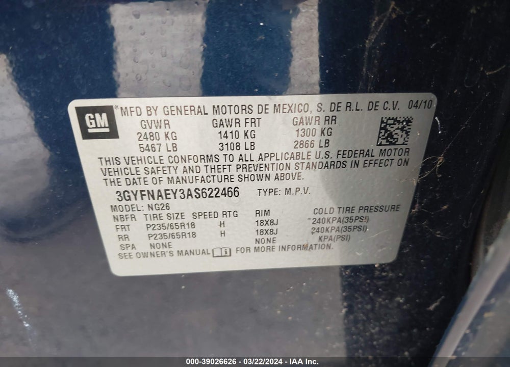 2010 CADILLAC SRX LUXURY COLLECTION VIN: 3GYFNAEY3AS622466