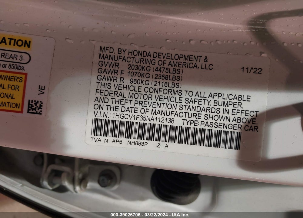 2022 HONDA ACCORD SPORT VIN: 1HGCV1F35NA112138