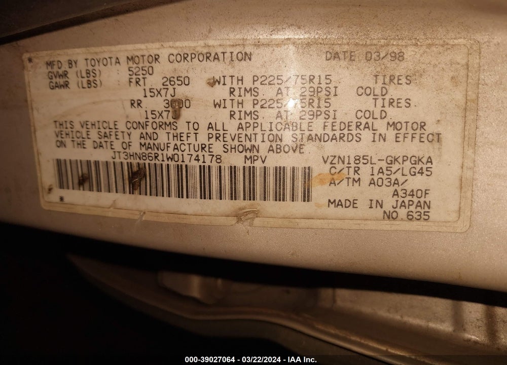 1998 TOYOTA 4RUNNER SR5 V6 VIN: JT3HN86R1W0174178