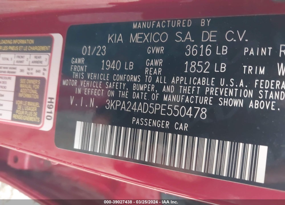 2023 KIA RIO S VIN: 3KPA24AD5PE550478