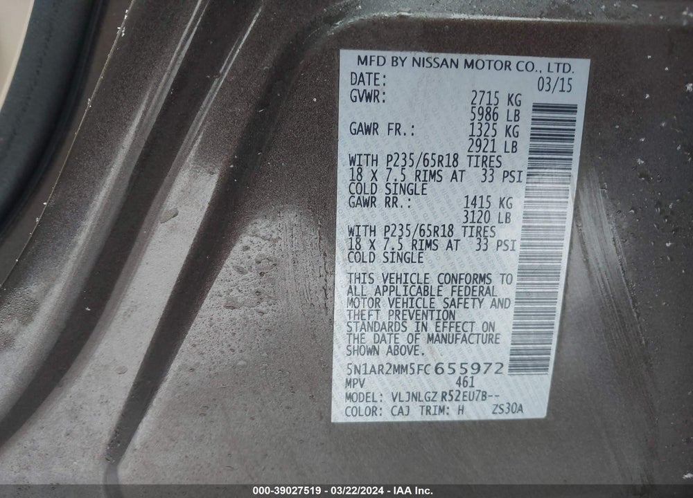 2015 NISSAN PATHFINDER SL VIN: 5N1AR2MM5FC655972